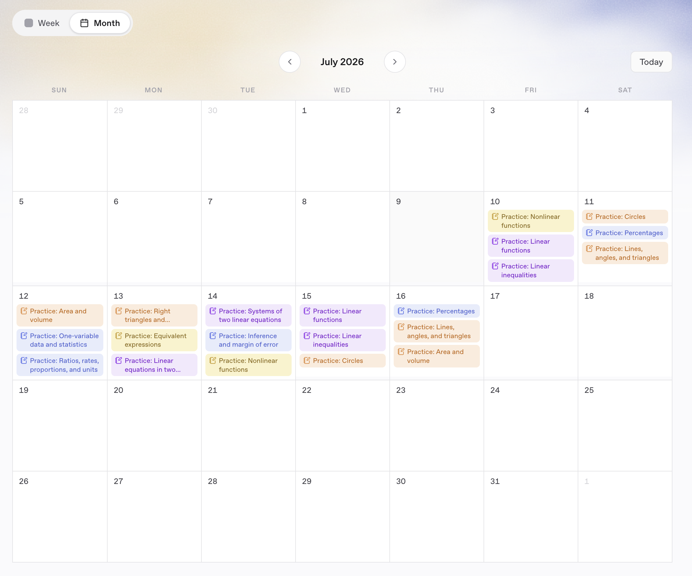 Climp month study plan with color-coded practice tasks on a calendar.