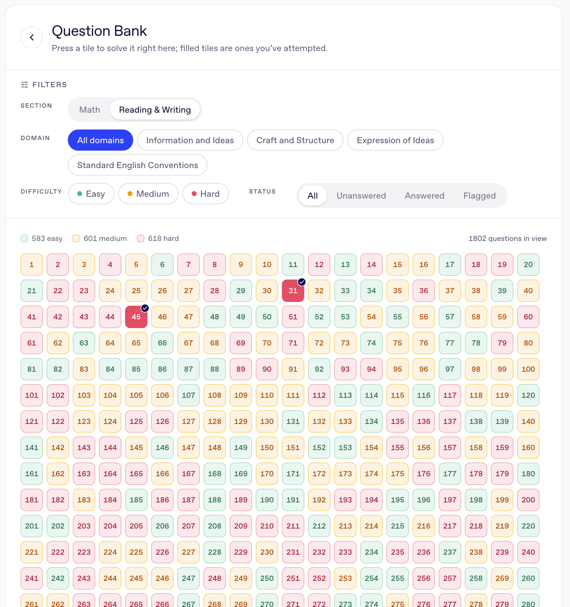 Climp question bank with Reading and Writing filters and numbered difficulty-coded question tiles.