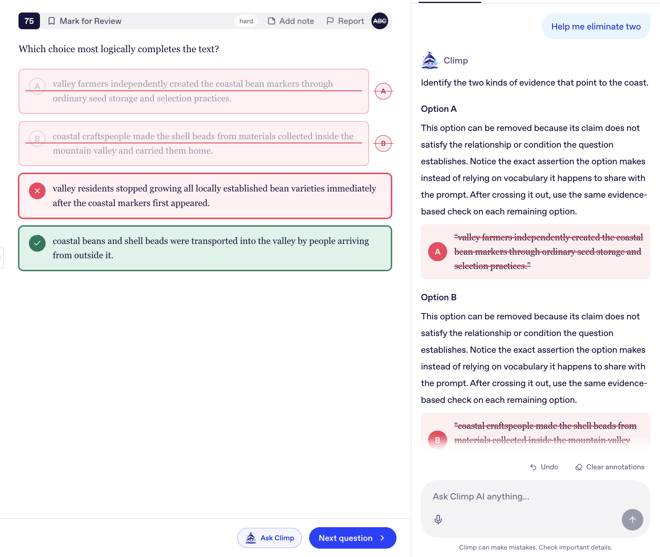 Climp practice question with two choices eliminated and the AI tutor explaining why.