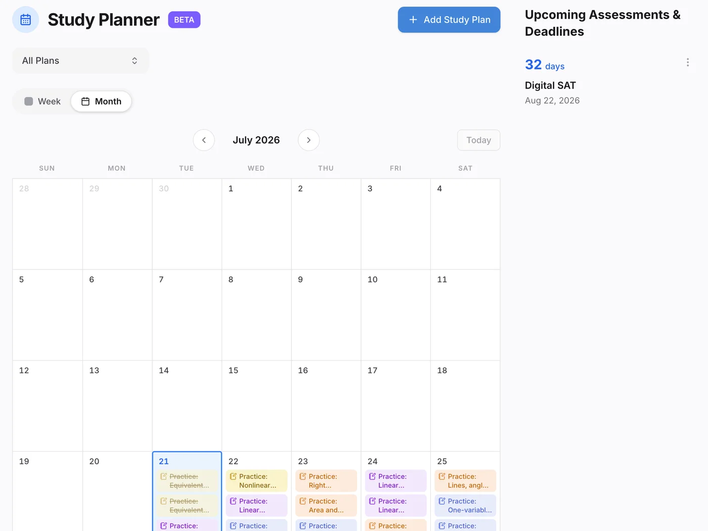 The study planner month view, practice sets plotted through the weeks