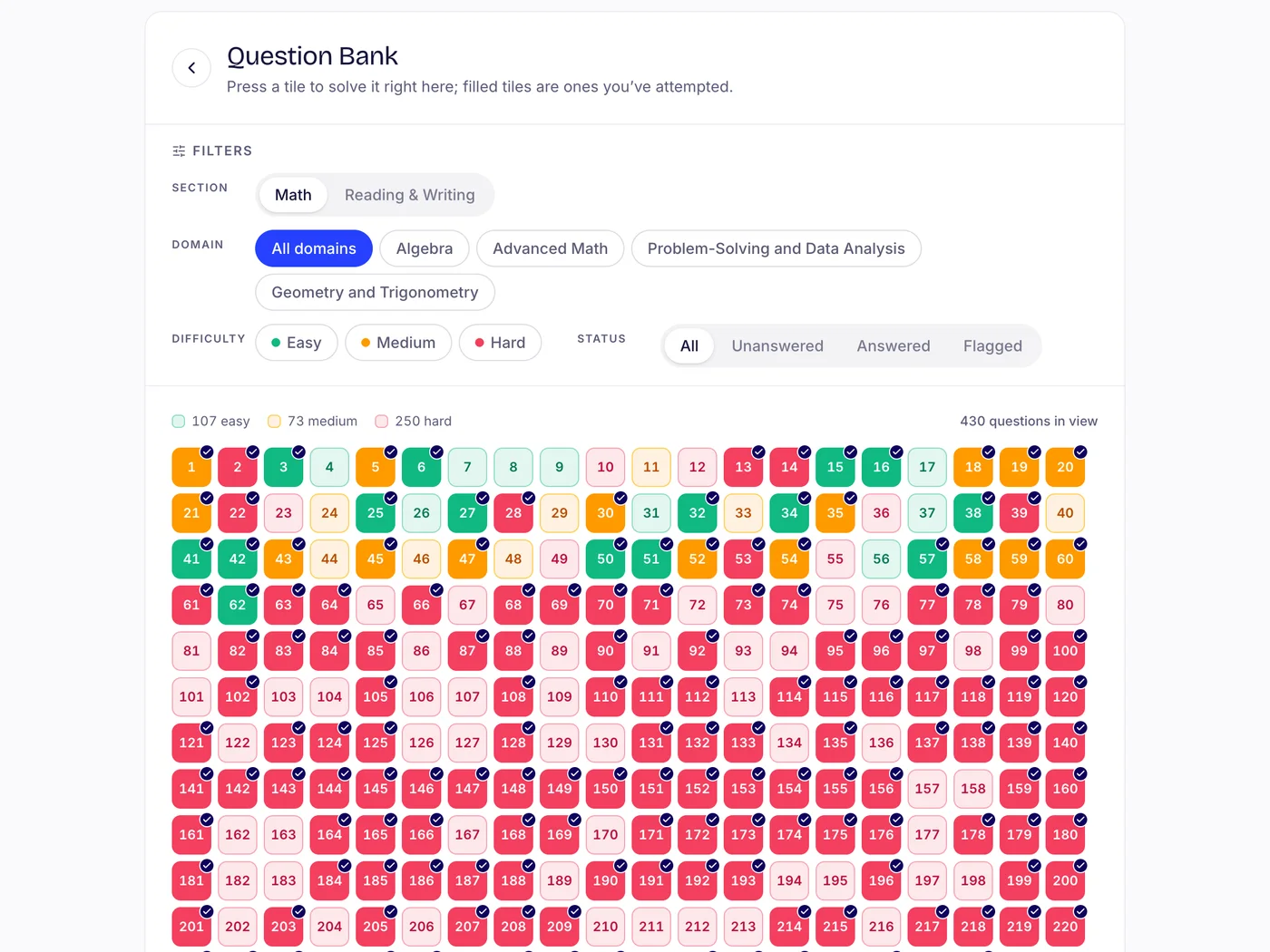 The question bank tile grid, colored by difficulty and attempts