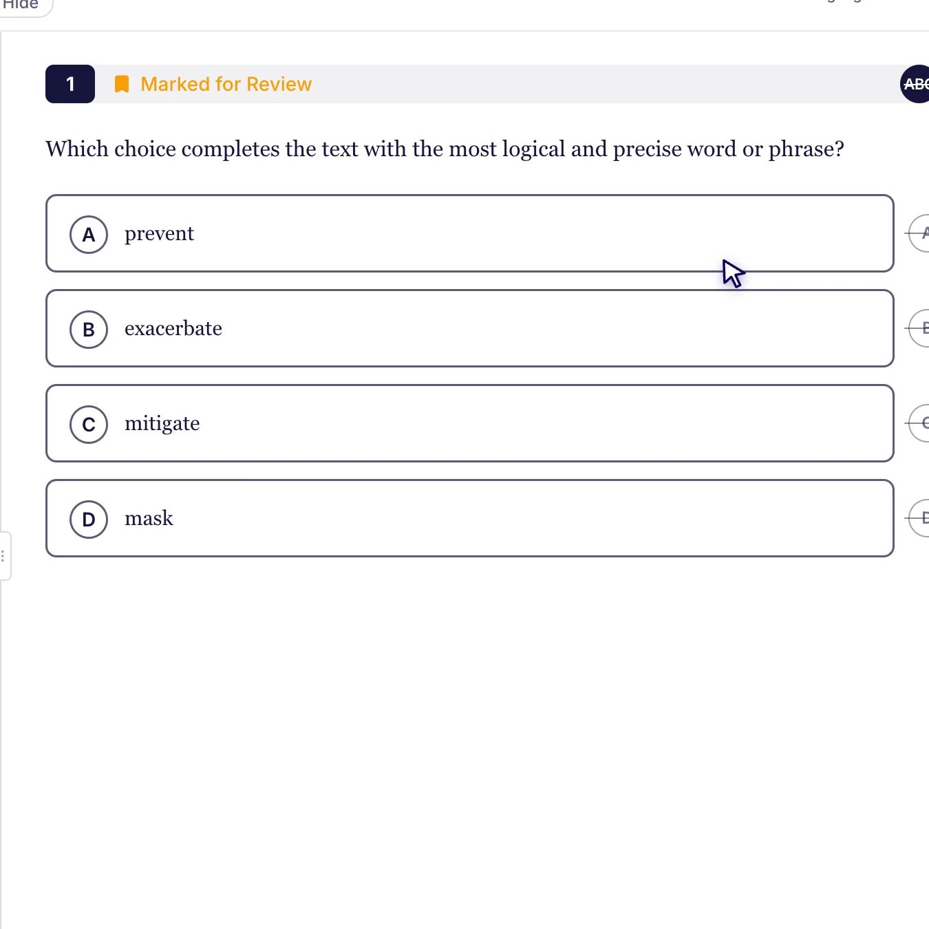 A Reading and Writing question inside the Bluebook-style test player