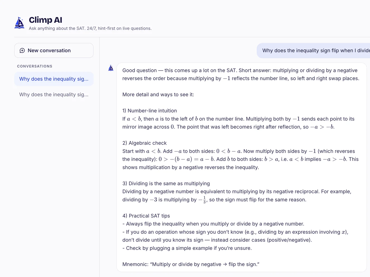 The Climp AI page with saved conversations and an open thread