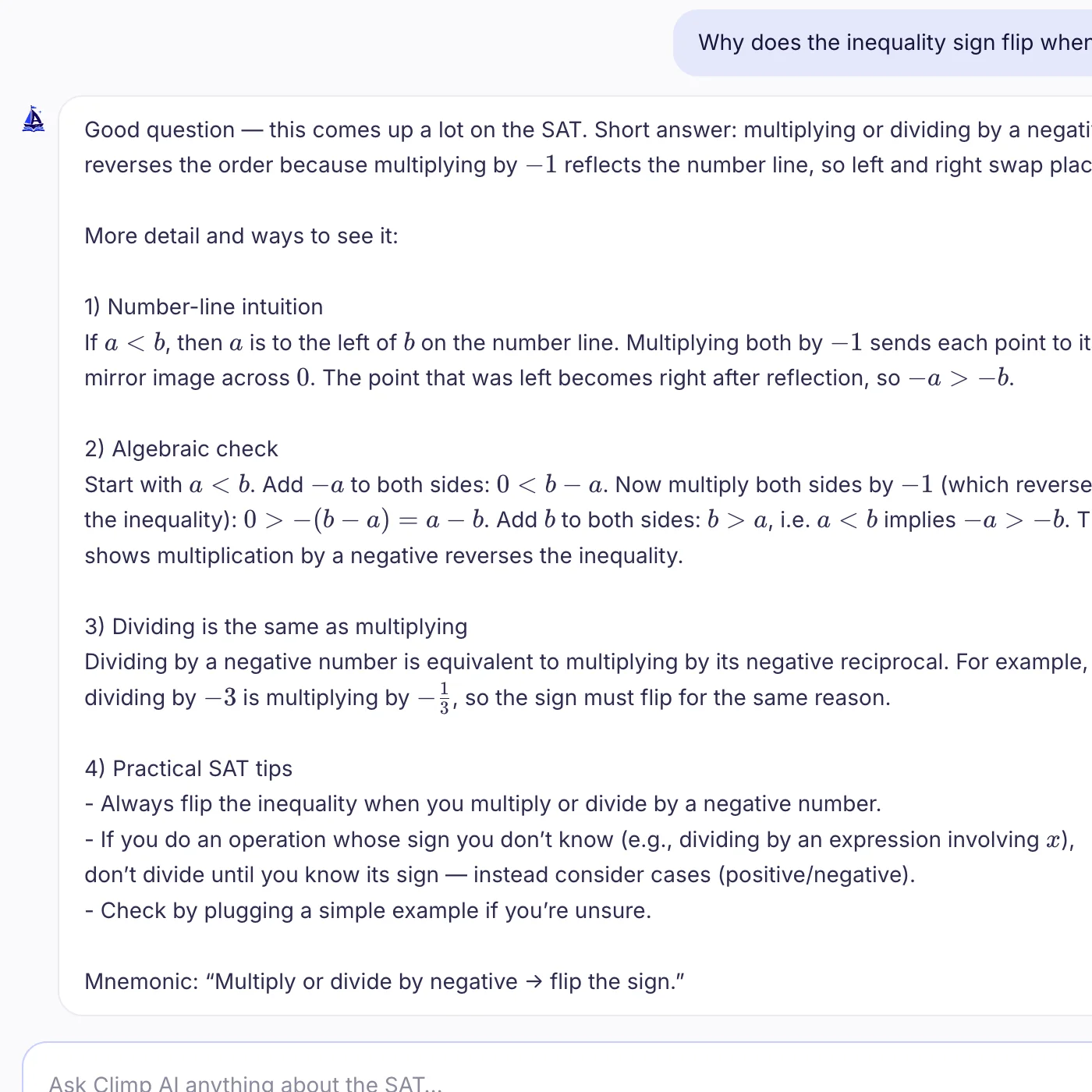 Climp AI walking through why an inequality flips when dividing by a negative