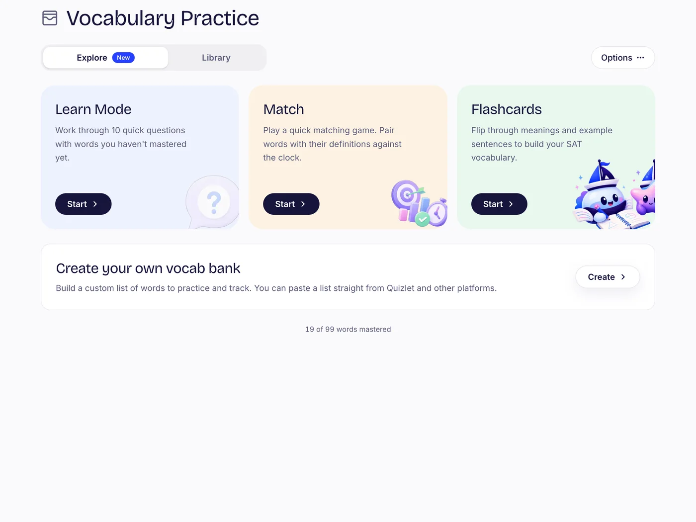The vocabulary practice page: Learn Mode, Match and Flashcards