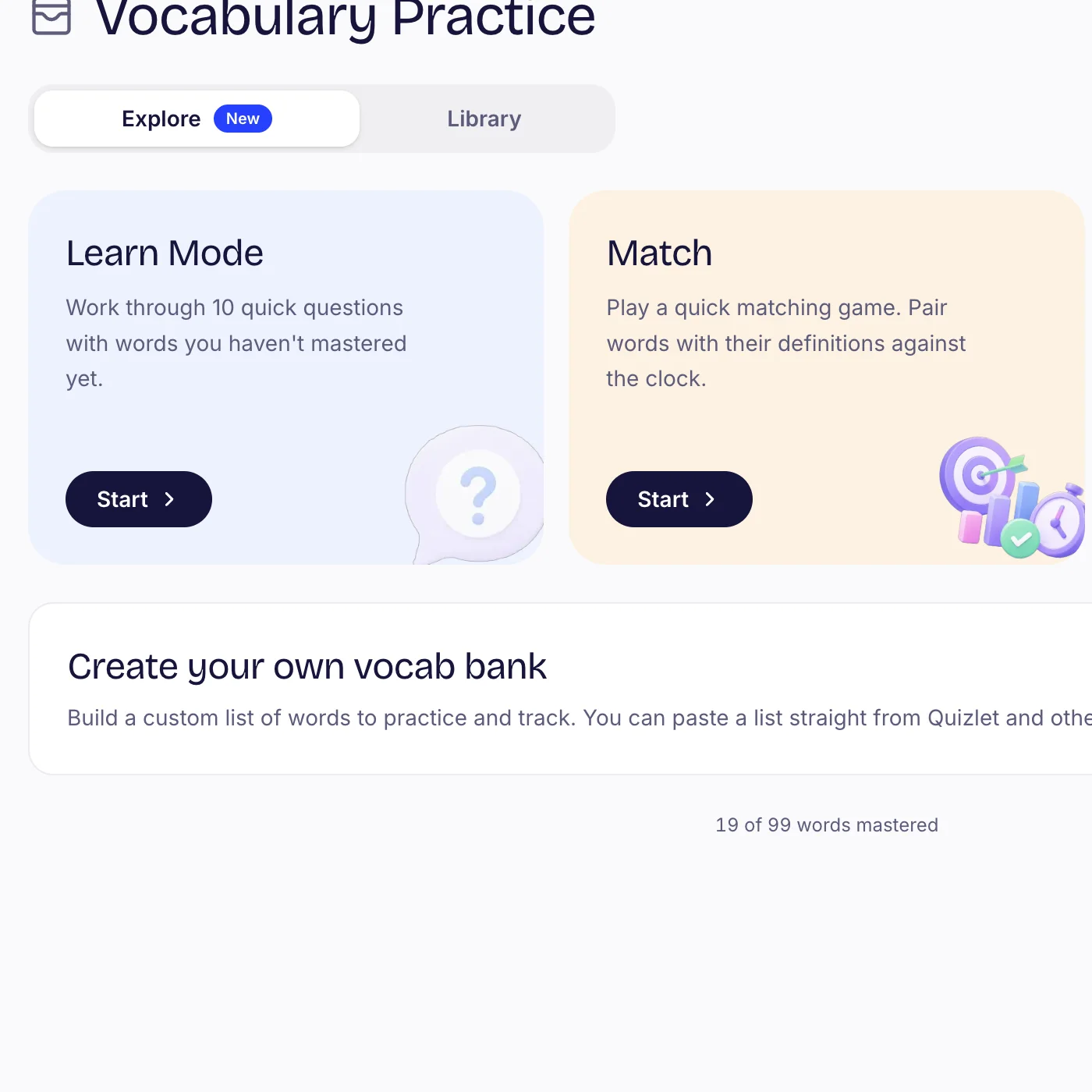 Vocabulary modes up close, 19 of 99 words mastered